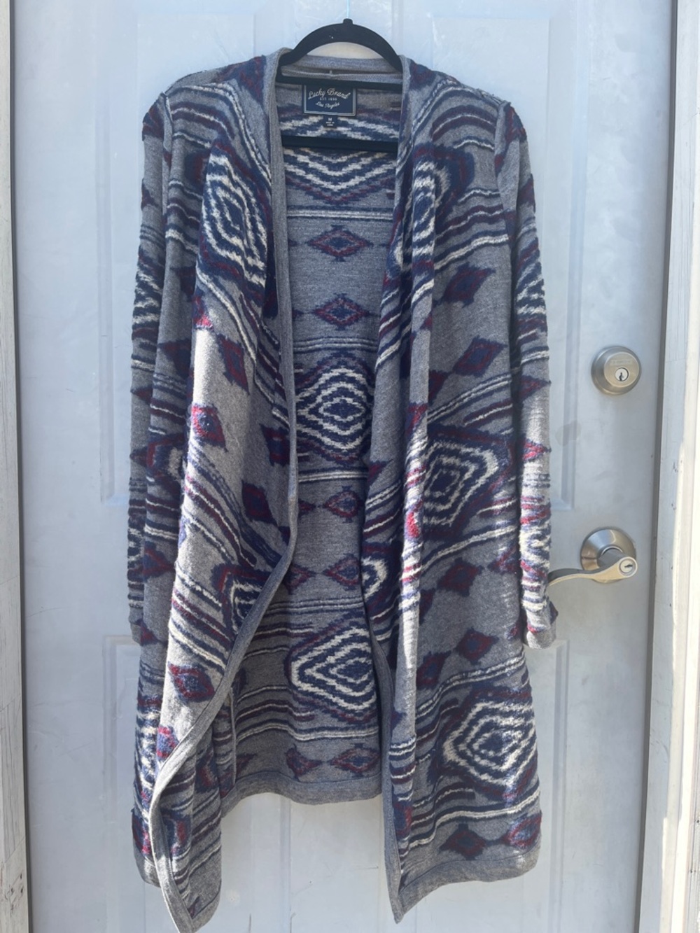 Lucky Brand Wool Blend Long Open Front Cardigan Southwest Print